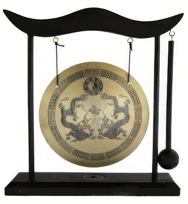 Yudu - Gong de mesa con soporte de madera (incluye mazo), diseño con dragón