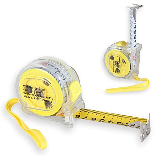 FISHTEC - Mètre ruban 5m, grands caractères, autobloquant, aimant, inox/plastique, clip ceinture, dragonne, 7x7x4,5 cm, bande 2,5 cm, bricolage, garantie 2 ans