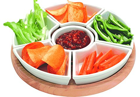apollo THE HOUSEWARES BRAND Lazy Susan with Ceramic dishes Rotating, Revolving, Hevea Wood, Turntable Dips, Snacks and Appetisers, 35cm, Natural