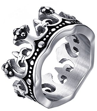 HIJONES Herren Edelstahl Matte Finish Jahrgang Silber Krone Ring Größe 57