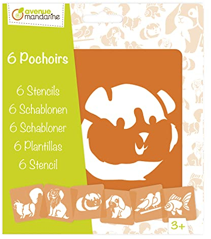 Avenue Mandarine 42445MD - Set mit 6 Schablonen, 15 x 15 cm, geeignet für Kinder ab 3 Jahren, für Filz- und Farbstifte, Farben oder Farbbomben, Haustiere, 1 Set, mehrfarbig