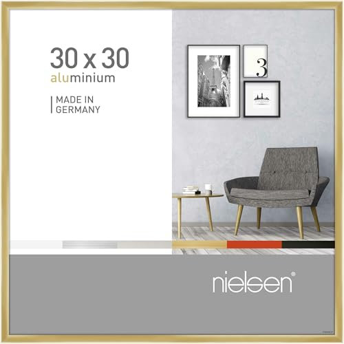 nielsen Bilderrahmen, 30 x 30 cm, Aluminium, Gold glanz, Rahmen zum Aufhängen im Hoch- & Querformat, Echtglas, Pixel