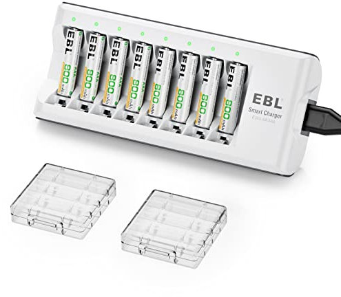 EBL Chargeur de Piles Rechargeables Indépendant AA/AAA Ni-MH, avec 8PCS AAA Piles Rechargeables 800mAh, Kit Chargeur avec AAA Piles Rechargeables