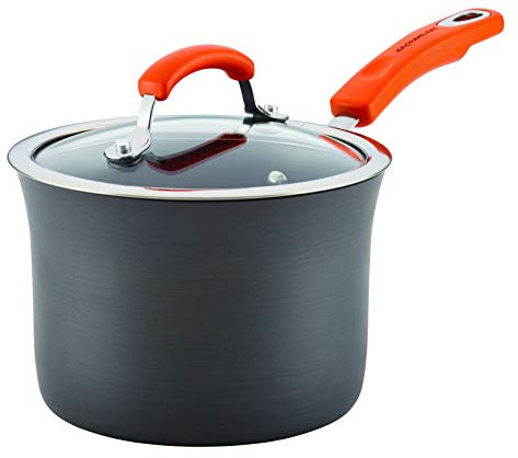 Rachael Ray Hard-Anodized Aluminum Nonstick 3-Quart Covered Saucepan, Gray with Orange Handle