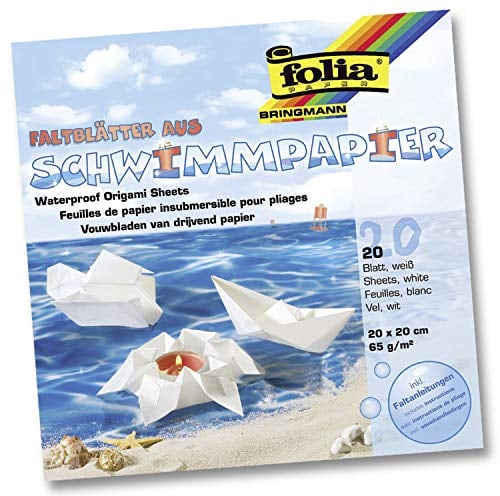 folia 43200 - Faltblätter aus Schwimmpapier, weiß, ca. 20 x 20 cm, 20 Blatt, wasserfestes Faltpapier, bemalbar, inklusive Faltanleitungen