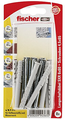 Fischer Langschaftdübel SXR 6 x 60 Z K SB-Karte, 8 x Senkholzschraube 4,5 x 65, 094363