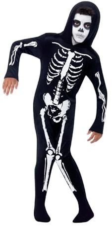 Smiffys Skeleton Costume Child Black Jumpsuit with Hood Gloves and Bones Print Kids Halloween Fancy Dress Outfit Boys Girls Scary Skeleton Costume Trick or Treat Party Dress Up Wear Age 4-6