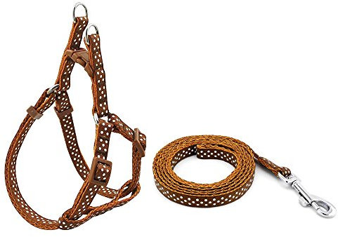 SMALLLEE_LUCKY_STORE 12-18 Nylon Pet Dog Polka Dots Strap Harness Leash Set, Small, Brown
