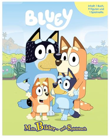 Bluey Mein Bilder- und Spielebuch - Spiel- und Beschäftigungsbuch, 10-seitiges Buch, 9 Spielfiguren, 1 Spielmatte