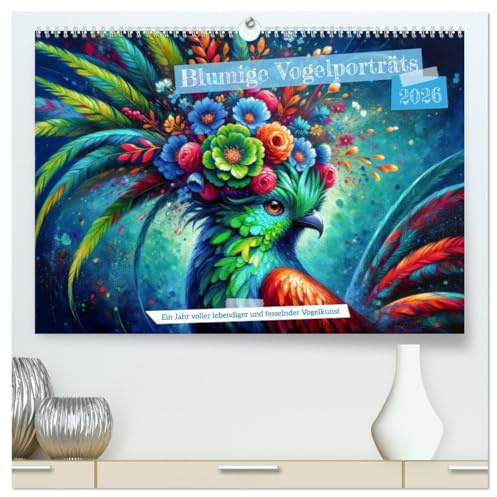 Blumige Vogelporträts (hochwertiger Premium Wandkalender 2026 DIN A2 quer), Kunstdruck in Hochglanz: Elegante Vögel: Künstlerische Porträts (CALVENDO Tiere)