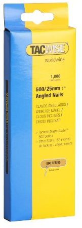 Tacwise 0480 Type 500 (18G) / 25 mm Galvanised Angled Brad Nails for 400ELS, 26° Incline, Pack of 1000