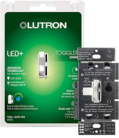 Lutron Toggler LED+ Dimmer Switch for Dimmable LED, Halogen and Incandescent Bulbs, 150 Watt, Single-Pole or 3-Way, TGCL-153PH-WH, White