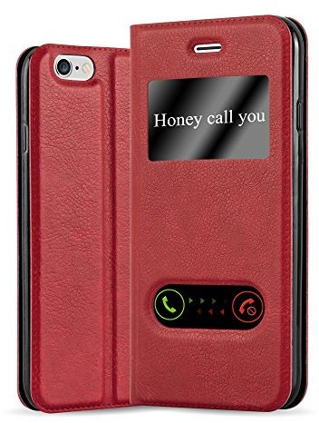 cadorabo Book Case works with Apple iPhone 6 / iPhone 6S in SAFFRON RED - with Magnetic Closure, 2 Viewing Windows and Stand Function - Wallet Etui Cover Pouch PU Leather Flip