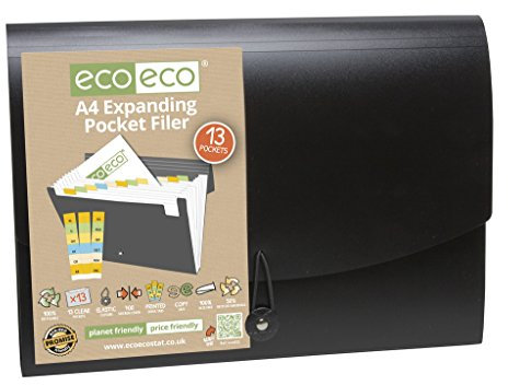 eco-eco A4 50% Recycled 13 Clear Pocket Black Cover Expanding File Organiser - Document Folder - Printed Index Tabs
