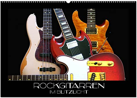 Rockgitarren im Blitzlicht (Wandkalender 2026 DIN A2 quer), CALVENDO Monatskalender: Gitarrenschönheiten auf schwarzem Hintergrund eindrucksvoll in Szene gesetzt (CALVENDO Kunst)
