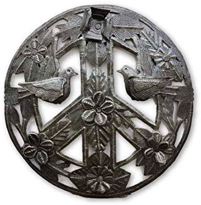 Peace Zeichen, Living Bio Frieden mit 3D-Blumen und Vögel, Haiti Metall Art Haiti