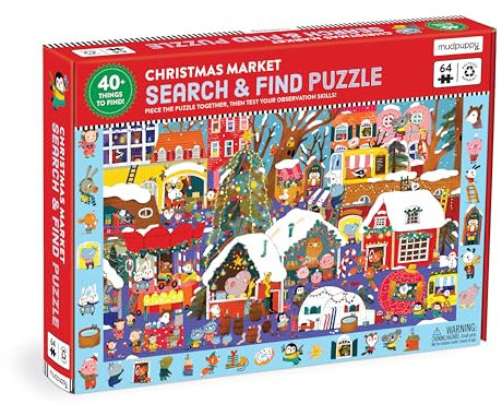 Mudpuppy Christmas Market – 64 Piece Search & Find Jigsaw Puzzle Featuring Festive Critters Shopping Around The Christmas Market and Over 40 Hidden Images to Find