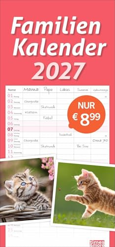 times&more Katzen Familienplaner 2027: Ein praktischer Kalender mit 5 Spalten für Pläne, Termine und Notizen der ganzen Familie. Niedliche Katzenfotos in einem nützlichen Familienkalender. times&more