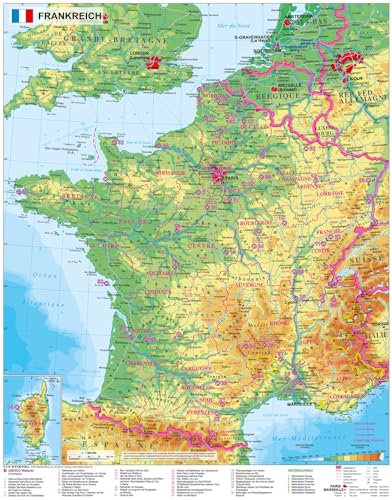 Frankreich physisch mit UNESCO-Welterbestätten und Nationalparks - Wandkarte/Poster NEUE AUFLAGE
