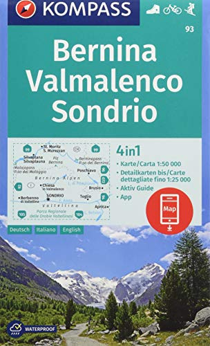 KOMPASS Wanderkarte Bernina, Valmalenco, Sondrio: 4in1 Wanderkarte 1:50000 mit Aktiv Guide und Detailkarten inklusive Karte zur offline Verwendung in ... Skitouren. (KOMPASS-Wanderkarten, Band 93)