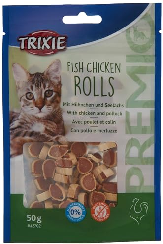 Trixie Premio Fish Chicken Rolls | 50 g | Ergänzungsfuttermittel für Katzen | Mit Hühnchen und Seelachs | Glutenfrei, ohne Zuckerzusatz | Verschließbarer Beutel
