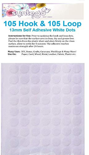Syntego 210 x 13mm Hook and Loop Self Adhesive Dots 105 Hook & 105 Loop Fasteners (White, 1)