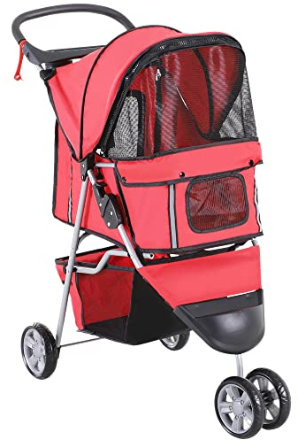 PawHut Passeggino per Cani Pieghevole Carrello per Animali Domestici Carrello Carrozzina Rosso 75 x 45 x 97cm