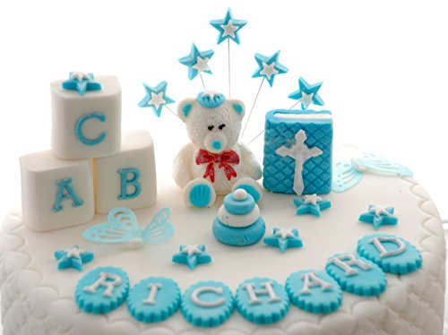 Personalised Edible TEDDY BEAR Boy Christening Set Handmade Sugarpaste Cake Topper Decoration. PLEASE SEND THE NAME BY SELECTING CONTACT SELLER'IN YOUR ORDERS SECTION