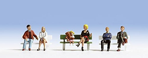 NOCH® Sitzende mit Einer Bank, 6 Figuren in 1:87 (H0) handbemalt für Bahnsteig-Dioramen, perfekt für Modellbahnanlagen und DIY