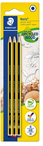 STAEDTLER Bleistift Noris 120, Made from Upcycled Wood, Rutschfeste Soft-Oberfläche, hohe Buchfestigkeit, hohe Qualität Made in Germany, Blisterkarte mit 3 Stück (je 1 x 2B, HB, H), 120-S BK3D