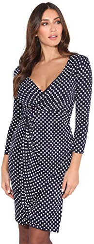 KRISP Women Polka Dot Wrap Midi Dress V-Neck 3/4 Sleeve (Navy, 20), 6487-NVY-20