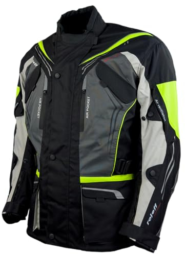Roleff Schwarz-graue Motorradjacke mit neon-gelben Elementen, Protektoren, Belüftungssystem, Klimamembrane und herausnehmbarem Thermofutter