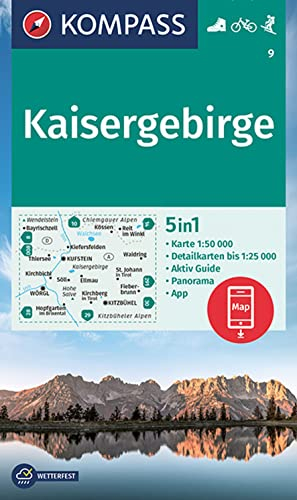 KOMPASS Wanderkarte 9 Kaisergebirge 1:50.000: 5in1 Wanderkarte mit Panorama, Aktiv Guide und Detailkarten inklusive Karte zur offline Verwendung in der KOMPASS-App. Fahrradfahren. Skitouren.