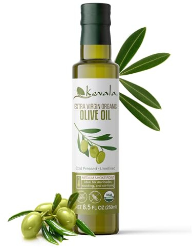 Kevala Extra Virgin Organic Olive Oil: Unrefined Olive Oil with no Additives for Cooking and Baking at Home, Smooth Base for Salad Dressings, Gluten-Free Finishing Touch for Meals, Glass Bottle 8 oz