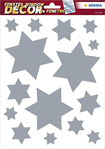 HERMA 15110 Fensterbilder Weihnachten Sterne Silber, 15 Stück, selbstklebend, Kinder Fensteraufkleber, ablösbare Winter Fenstersticker, Glitzer Fensterfolie für Kinderzimmer Dekoration Weihnachtsdeko