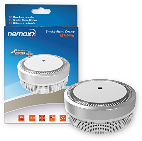 NEMAXX® Rauchmelder M1-Mini Silber Sensibler Feuermelder mit 10 Jahre Lithium Batterie Typ DC3V – Rauchwarnmelder mit Magnethalterung – Brandmelder DIN EN 14604 - Smoke Detector