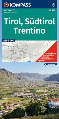 KOMPASS Autokarte Tirol, Südtirol, Trentino/Tirolo, Alto Adige, Trentino 1:250.000: mit Strassenkarte