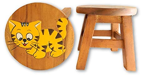 Thai Gifts Children's Wooden Stool, Cute Tiger Cub Design - Handmade Acacia Wood - Small Chair, Footstool or Side Table - Nursery & Bedroom Decor - Fun Step Stool for Kids for Boys & Girls