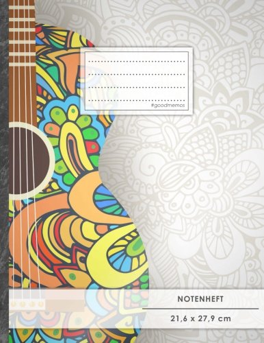 Notenheft: DIN A4 • 48 Seiten, 24 Blatt, 12 Systeme, „Mandala Guitar“ • Original #GoodMemos Schulheft • Mit Inhaltsverzeichnis und Seitenzahlen, Noten-Lineatur 14