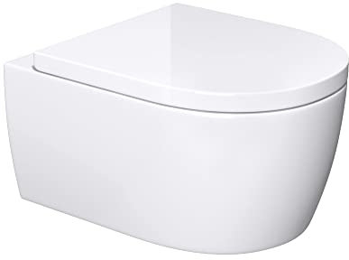 Mai & Mai WC Suspendu sans Bride en Céramique Blanc Toilette Mural Complet Abattant avec Frein de Chute A106