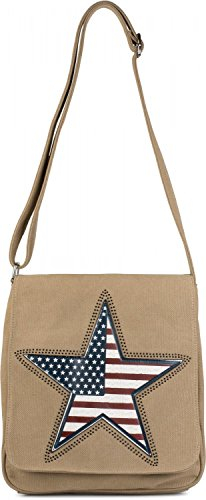 styleBREAKER Canvas Umhängetasche mit USA Stern Applikation, Schultertasche, Tasche, Unisex 02012115, Farbe:Beige