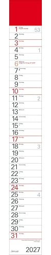Streifenplaner Rot 2027: Streifenkalender mit Datumsschieber I schmal im Format: 11,4 x 89 cm