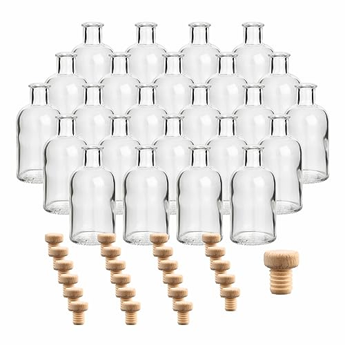 gouveo Juego de 24 botellas de cristal de 100 ml, diseño farmacéutico, redondas con corcho (HGK) - Botella pequeña de cristal de 0,1 l para licor, aceite, vinagre, decoración (AFRT100HGK)