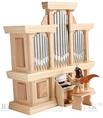 Handwerkskunst / Handarbeit aus dem Erzgebirge Engel an der Orgel FA. Blank mit Spielwerk Natur