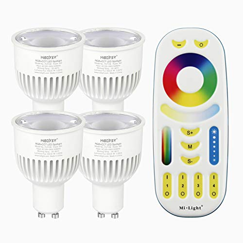 LIGHTEU®, Milight Miboxer 4x 6W GU10 RGB + CCT LED Scheinwerfer Farbwechsel und CCT WW CW Temperatur mit einer Fernbedienung einstellbar (4x FUT106 + FUT092)