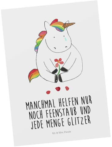 Mr. & Mrs. Panda Postkarte Einhorn Traurig - Geschenk, Einhorn Deko, Unicorn, Liebe, Ansichtskarte, Dankeskarte, Einhörner, Ansichtskarten, Grußkarte