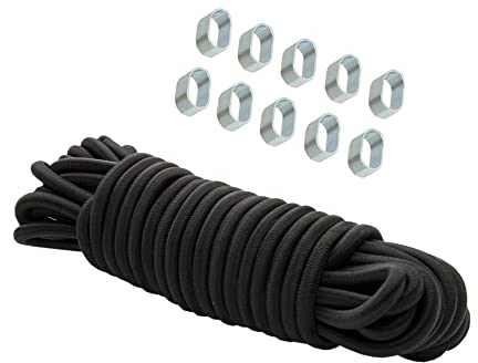 Dreamprint Expanderseil 8mm Schwarz 10m Seil Spannseil Planenseil Gummileine elastisches Gummiseil für Anhängerplane mit 10x Würgeklemmen