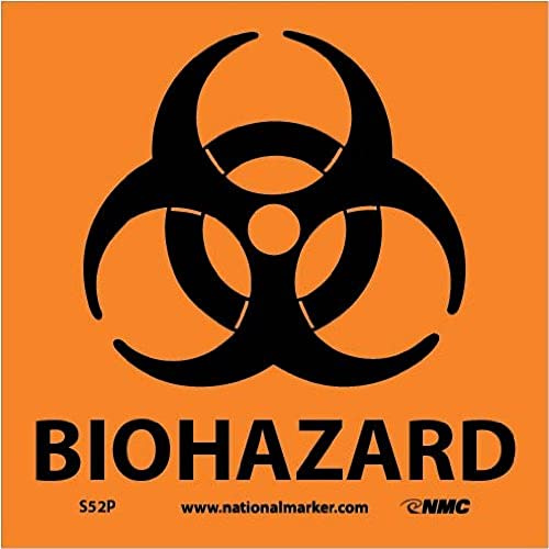 NMC S52P Warnschild mit Grafik BIOHAZARD, 17,8 cm Breite x 17,8 cm Höhe, druckempfindliches Vinyl, schwarz auf orange