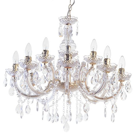 LITECRAFT Marie Therese Chandelier 12 Light, Gold | Crystal Effect Ceiling, E14