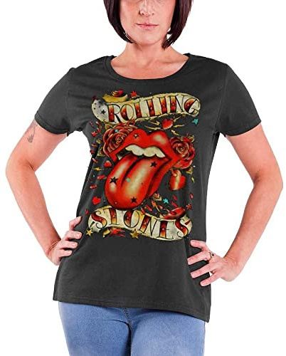 The Rolling Stones Women's Tongue & Stars T-Shirt, Grey, Medium